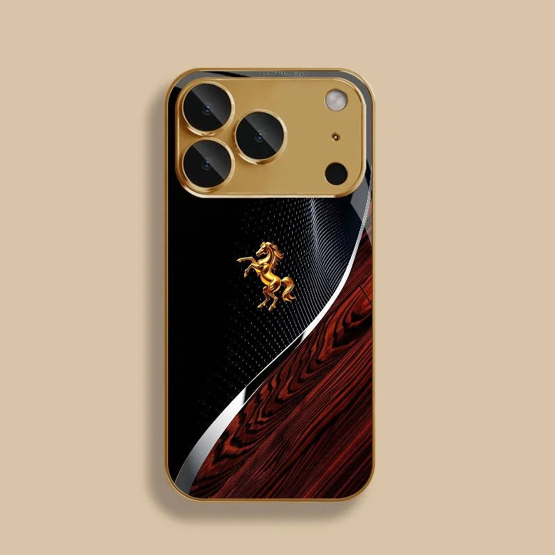 Golden Horse Pattern Metallic Phone Case - Gold Glass Protective Cover for iPhone 11-18 Pro Max, Plus, Air & 16E