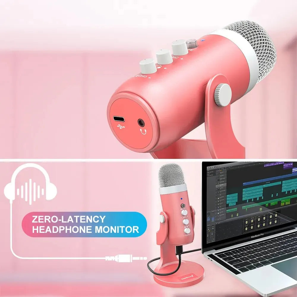 Haomuren USB Condenser Microphone – Pink Studio Mic for PC, Mac, Phone, Gaming, Streaming & Podcasting