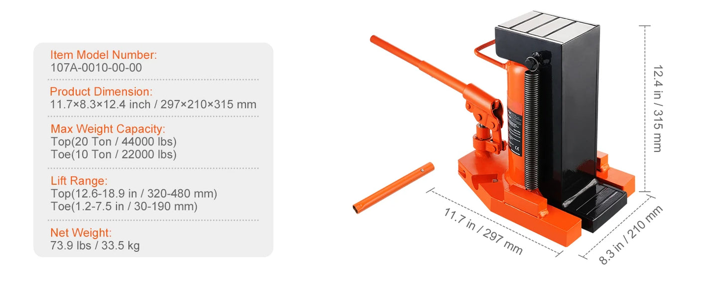SucceBuy Hydraulic Toe Jack 2.5T – 5T Top Lift Capacity Machine Jack with 0.8–5.3in Toe & 8.9–13.4in Top Height