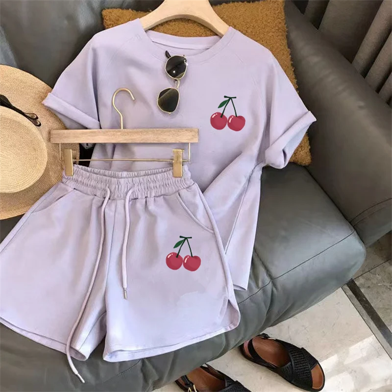 Women’s Two-Piece Sports Tracksuit – C Letter Print Short Sleeve T-Shirt with Drawstring Shorts, Exercise & Casual Wear