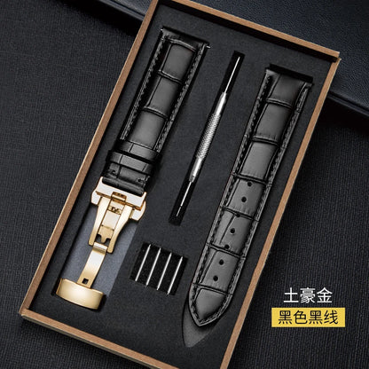 Genuine Leather Watch Strap with Wooden Box – Butterfly Clasp Bracelet 18-24mm Wristband