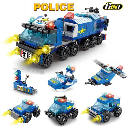Mini 6-in-1 Building Blocks Set - Police Car, Fire Truck & Castle DIY Educational Toy