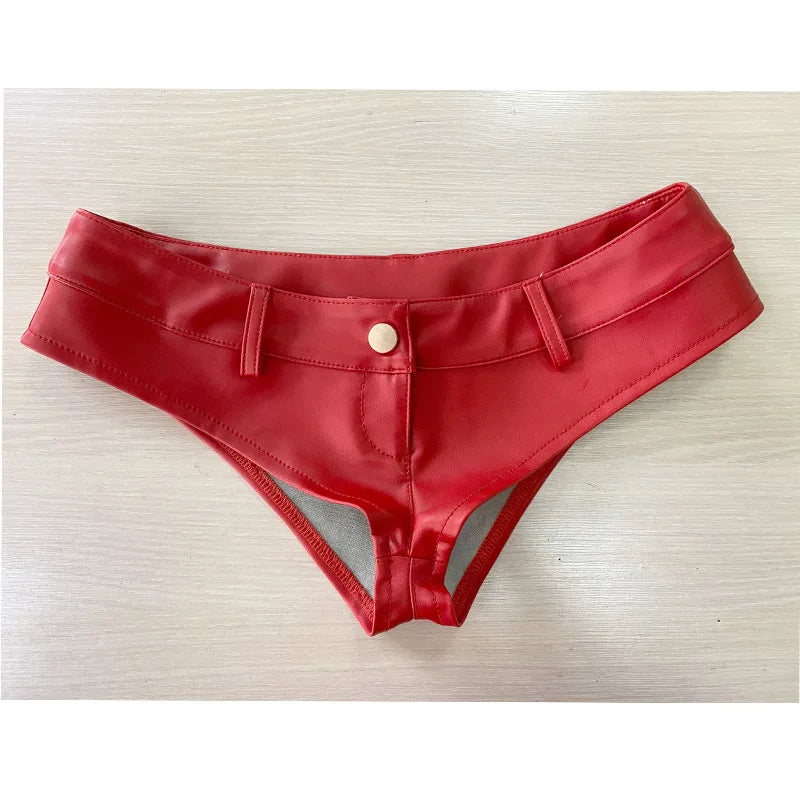 2025 Sexy Women’s Low Waist Patent Leather PU Shorts – Nightclub Style with Button & Zipper