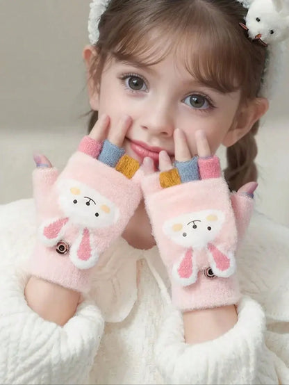 Half-Finger Gloves with Flip-Top Cover - Girls’ Winter Rabbit Fleece Gloves for Writing, Warm Cotton Handwear