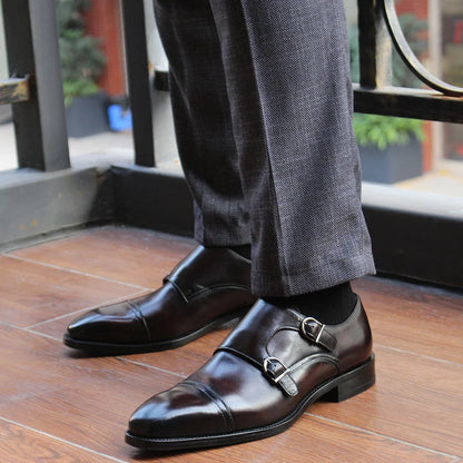 Men’s Genuine Leather Monk Strap Shoes - Double Buckle Cap Toe Formal Business Office Wedding Dress Shoes
