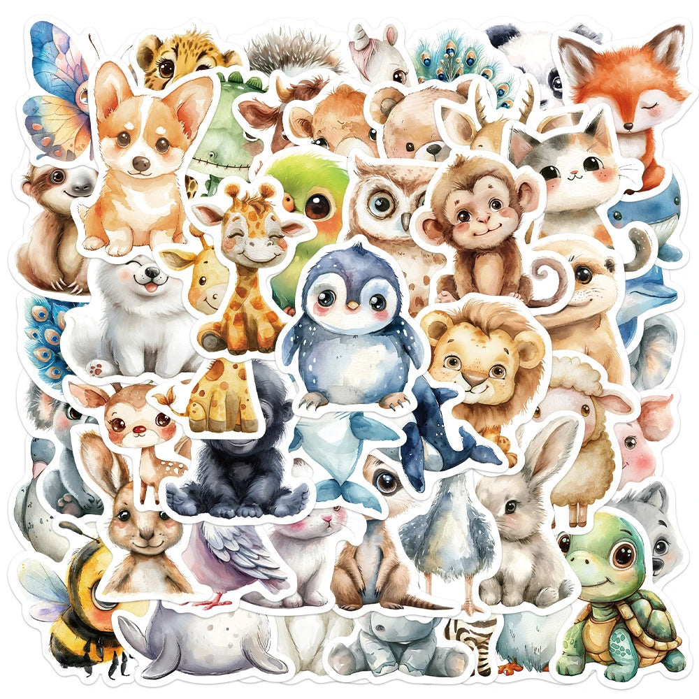 Cute Watercolor Animal Stickers - Cartoon Graffiti Decals for Phone Case, Skateboard, Scrapbook and Kids Crafts