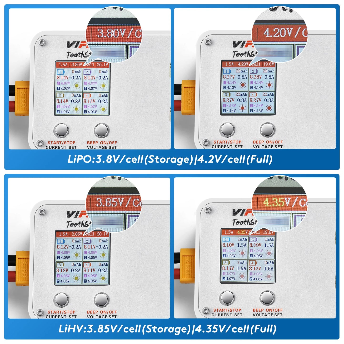 VIFLY ToothStor 4-Port 2S Balance Charger – LCD Display with Storage Mode for LiHV/LiPo RC FPV Racing Drone Batteries