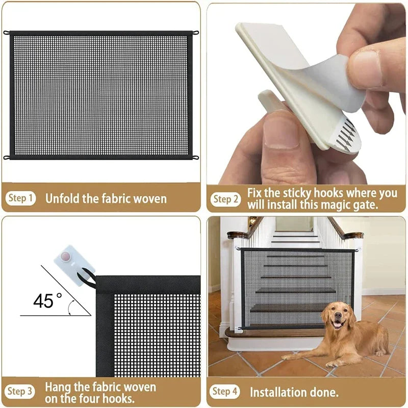 Pet Dog Barrier Fence – Folding Breathable Mesh Playpen with 4 Hooks for Safety, Isolation & Stairs Gate