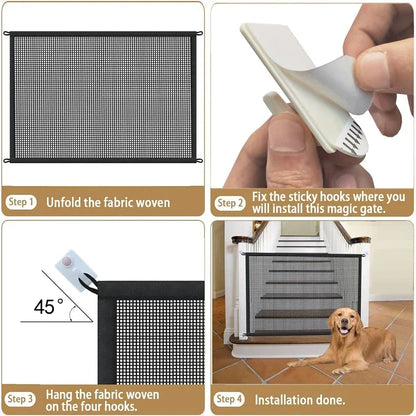 Pet Dog Barrier Fence – Folding Breathable Mesh Playpen with 4 Hooks for Safety, Isolation & Stairs Gate