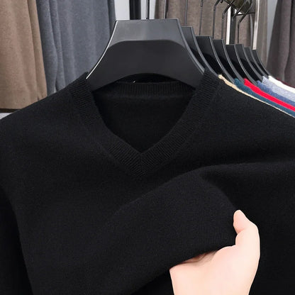 Men's V-Neck Knit Sweater - Solid Color Warm Elastic Oversized Autumn Pullover Casual Top