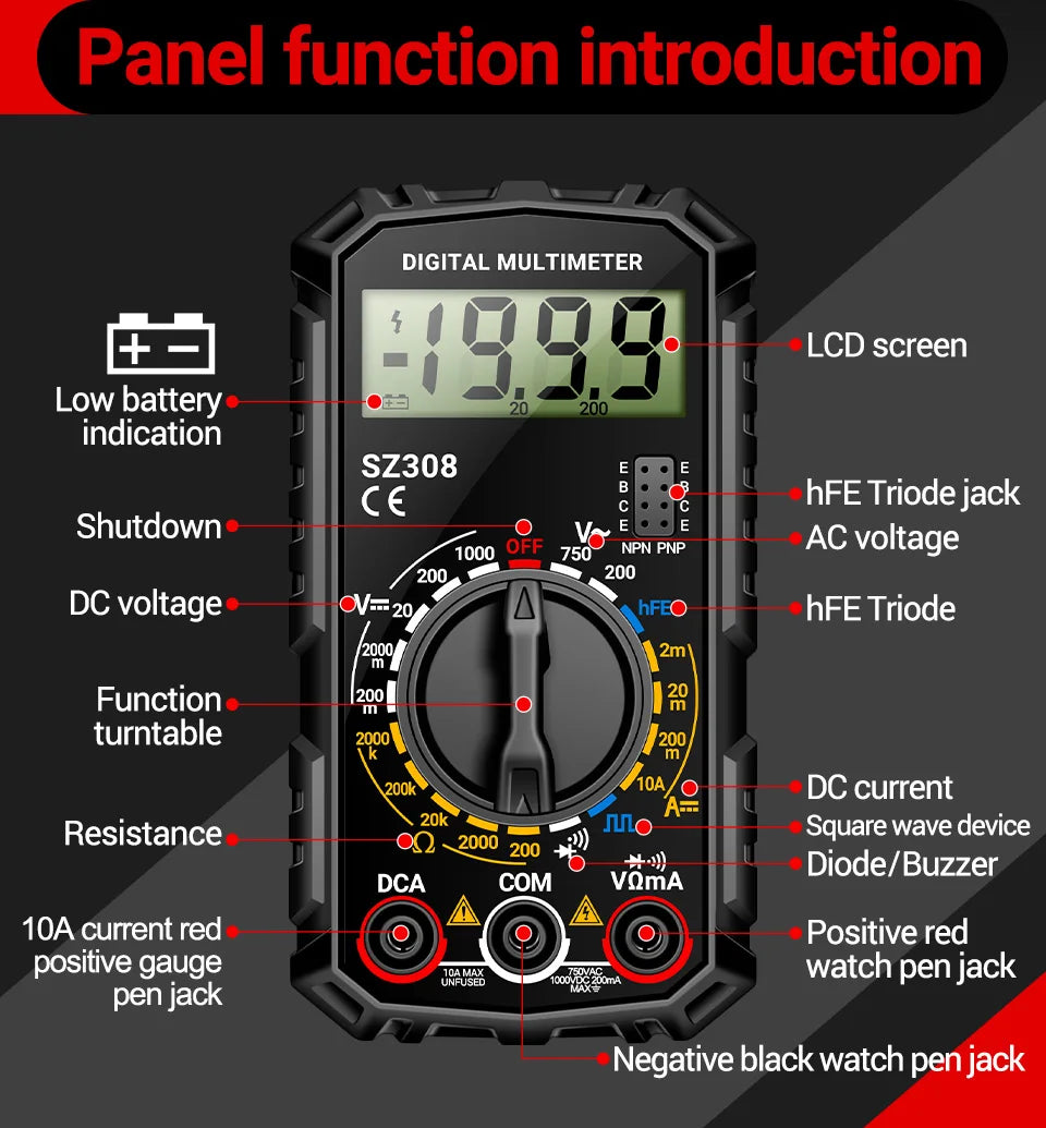 ANENG SZ308 Digital Multimeter – 1999 Count, High-Precision AC/DC Voltage, Current & Resistance Test Tool