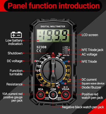 ANENG SZ308 Digital Multimeter – 1999 Count, High-Precision AC/DC Voltage, Current & Resistance Test Tool