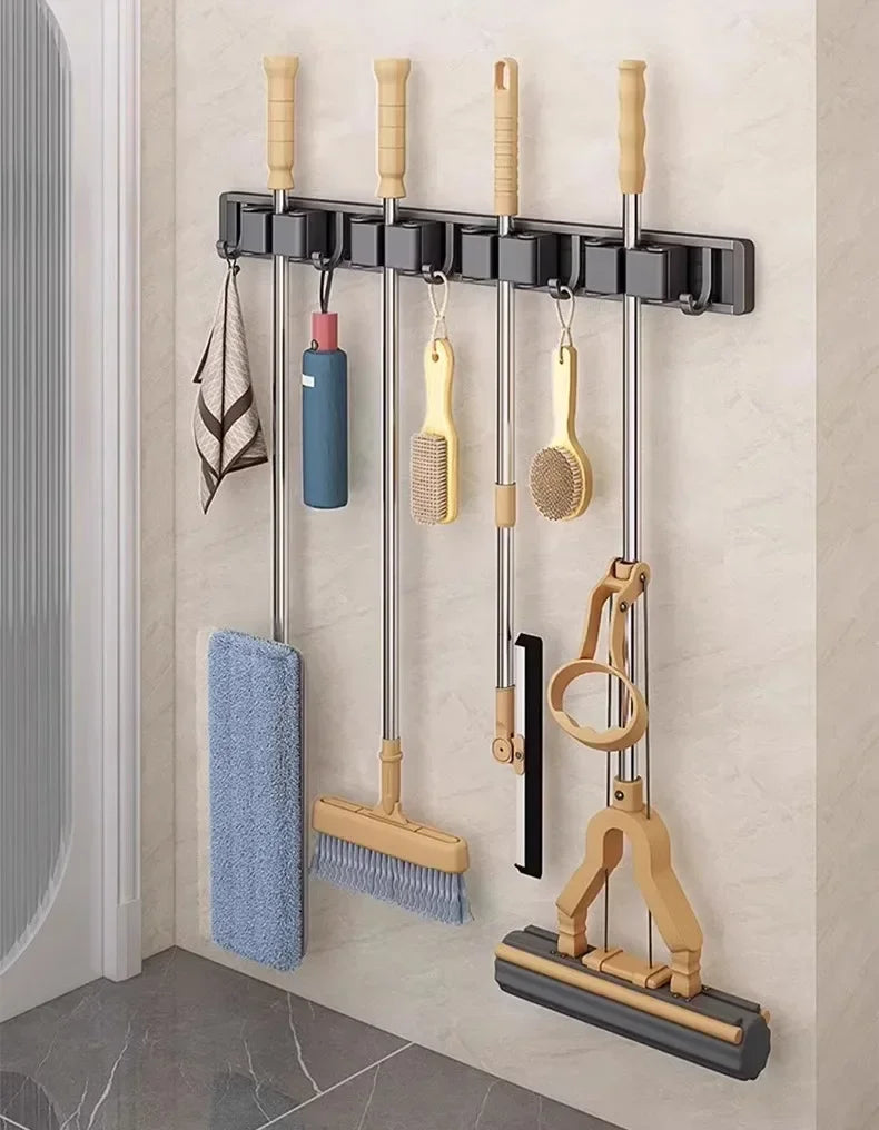 Wall-Mounted Mop & Broom Organizer — Strong Mop Holder Rack with 5 Hooks for Hanging Brooms and Cleaning Tools