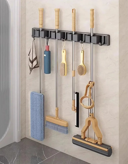 Wall-Mounted Mop & Broom Organizer — Strong Mop Holder Rack with 5 Hooks for Hanging Brooms and Cleaning Tools