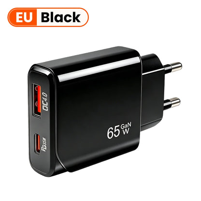 65W GaN USB-C Fast Charger – Ultra-Thin Dual-Port PD/QC Wall Adapter for iPhone, Samsung, and Xiaomi Devices
