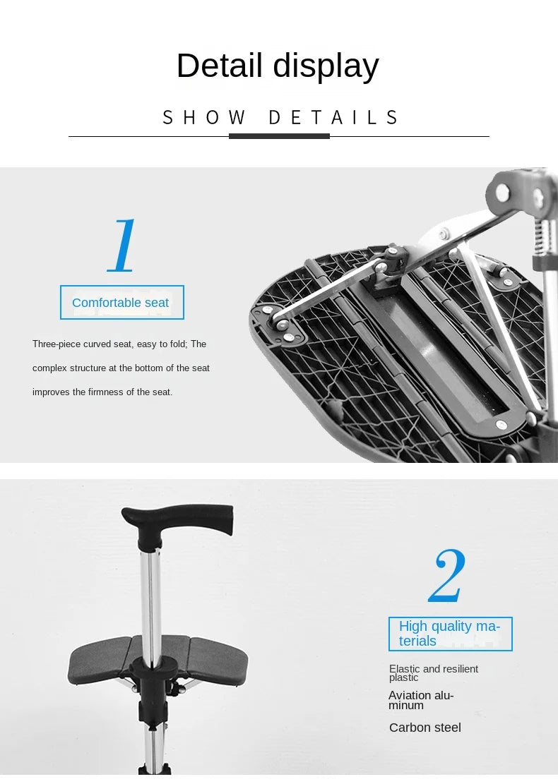 Multi-Functional Non-Slip Walking Stick with Seat – One-Key Foldable Crutch Chair, Triangular Bracing Elderly Hiking Pole Walker
