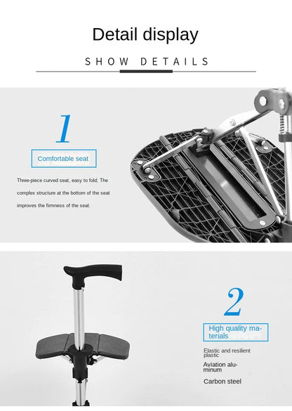 Multi-Functional Non-Slip Walking Stick with Seat – One-Key Foldable Crutch Chair, Triangular Bracing Elderly Hiking Pole Walker
