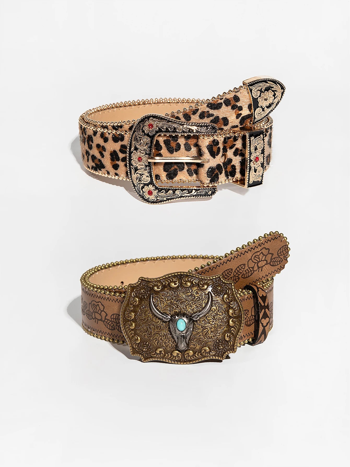 Vintage Gemstone Buckle Waist Belt - Leopard Floral Embossed Design with Pearl Edge for Women