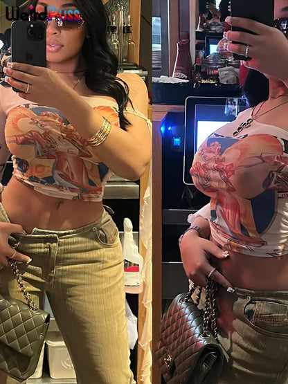 Weird Puss One-Shoulder Crop Top for Women – See-Through Bandage Graphic T-Shirt, Sexy Summer Clubwear 2024