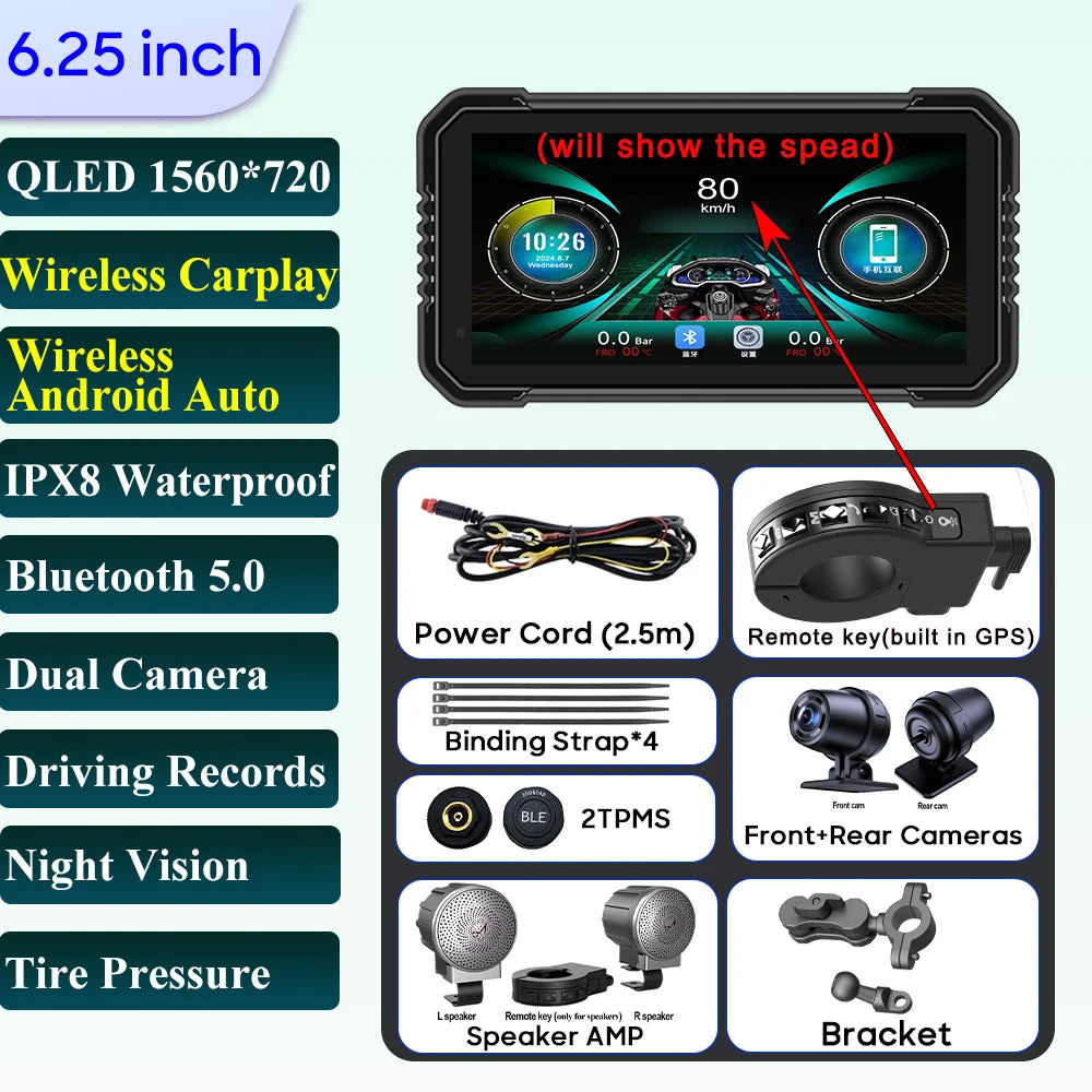 6.25-Inch Motorcycle GPS Navigation Screen with Wireless CarPlay & Android Auto – 1560x720 Resolution, Motor DVR Monitor, TPMS Optional