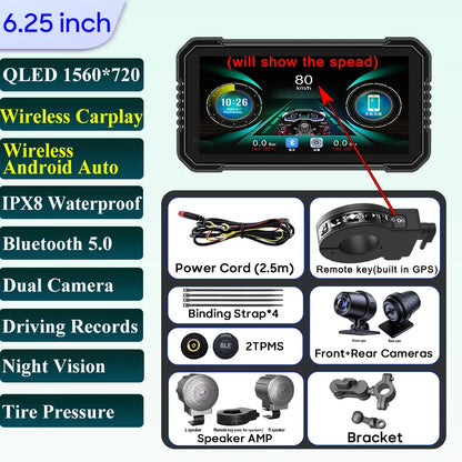 6.25-Inch Motorcycle GPS Navigation Screen with Wireless CarPlay & Android Auto – 1560x720 Resolution, Motor DVR Monitor, TPMS Optional