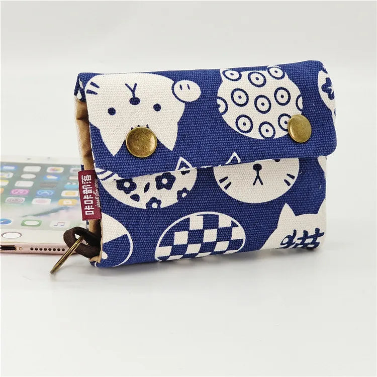 Handmade Three-Fold Fabric Wallet — Short Zipper Purse for Women & Men, Multi-Function Card & Key Holder for Teens