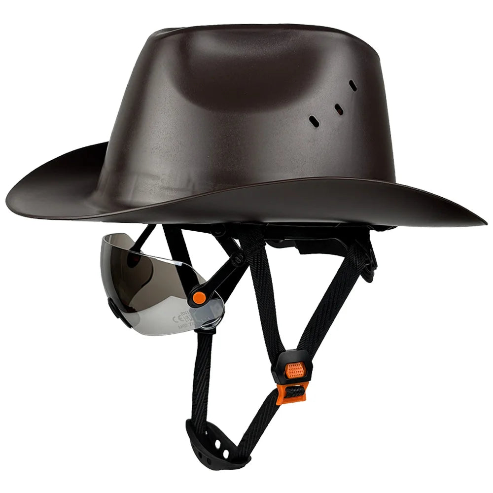 Cowboy Safety Helmet with Sunglasses - Wide-Brim HDPE Hard Hat for Construction Work