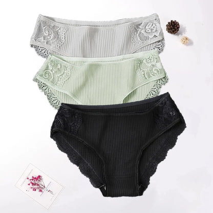 Floral Lace Cotton Women’s Panties - Comfortable Briefs, Solid Color Underwear, 3PCS/Set, Sizes M-XXL