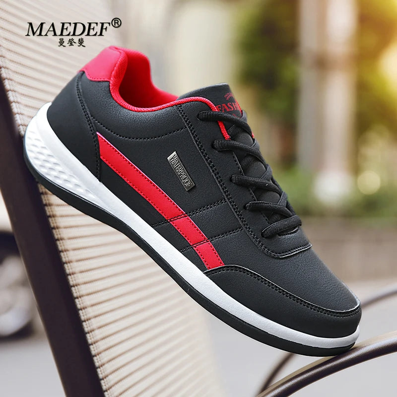MAEDEF Men's Leather Sneakers – Waterproof Casual Lace-Up Footwear, Comfortable Vulcanized Shoes for Men