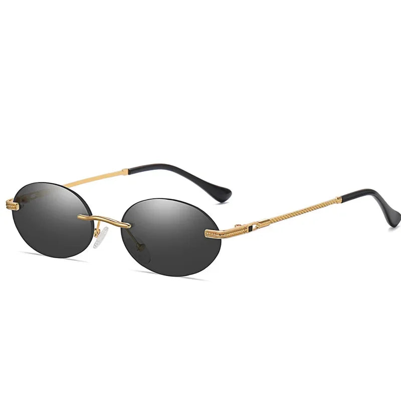 Retro Oval Rimless Sunglasses – Blue Mirror Gold Metal UV400 for Men & Women