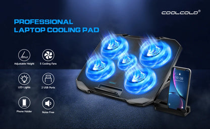 COOLCOOLD Laptop Cooling Pad - 12-17 Inch Laptop Cooler Stand with 5 Quiet Fans, 5 Adjustable Angles & Phone Holder
