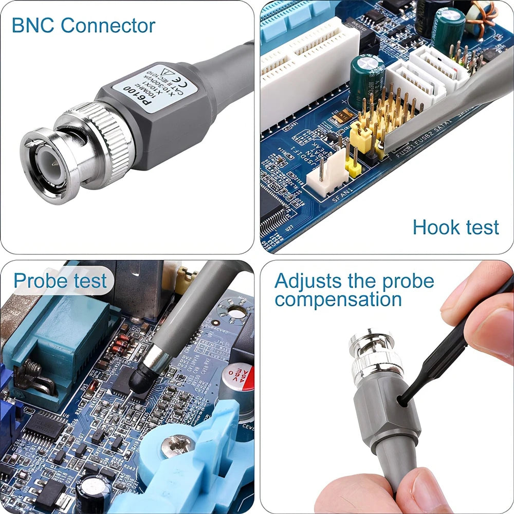 P6100 BNC Oscilloscope Probe Kit - 100MHz 1X/10X High-Precision Test Leads with Alligator Clip