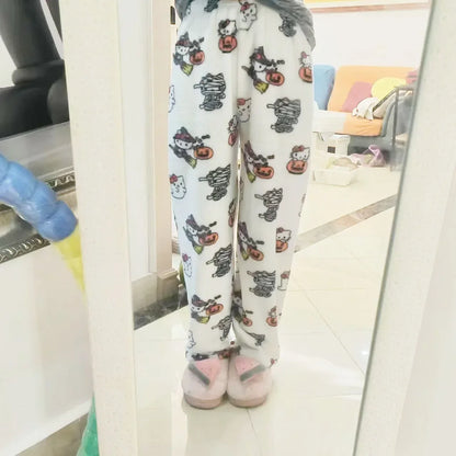 Thick Hello Kitty Fleece Pajama Pants – Soft Double Elastic Anime Trousers for Women, Cute Sanrio Birthday Gift