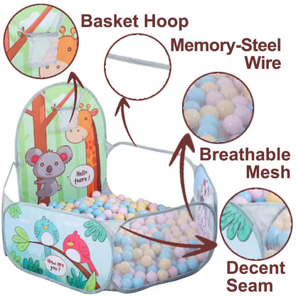 120cm Kids Cartoon Ball Pit Playpen with Basketball Hoop - Portable Foldable Baby Playground Tent for Indoor and Outdoor Play