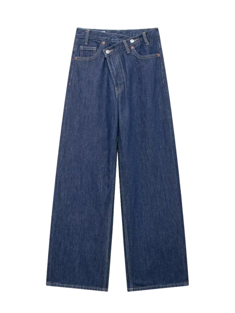 TRAF Women’s Basic Hundred Jeans — High Waist Asymmetric Wide-Leg Trousers, Casual Straight-Leg Fashion Jeans