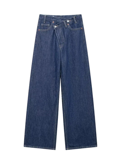 TRAF Women’s Basic Hundred Jeans — High Waist Asymmetric Wide-Leg Trousers, Casual Straight-Leg Fashion Jeans