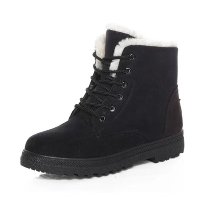 Women's Winter Fur Boots 2025 – Warm Ankle Snow Boots with Low Heels, Black Footwear for Women