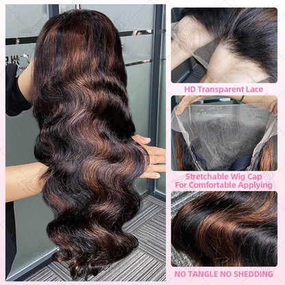 30 Inch Brazilian Body Wave Highlight Ombre Wig – 13x4 Lace Front, 1B/30 Black Brown Human Hair Wig for Women