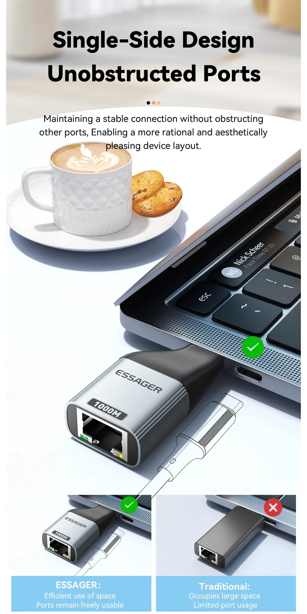 Essager Type-C to Ethernet Adapter – 100/1000Mbps Gigabit RJ45 to Type-C Adapter for MacBook, Laptop Wired Network Card