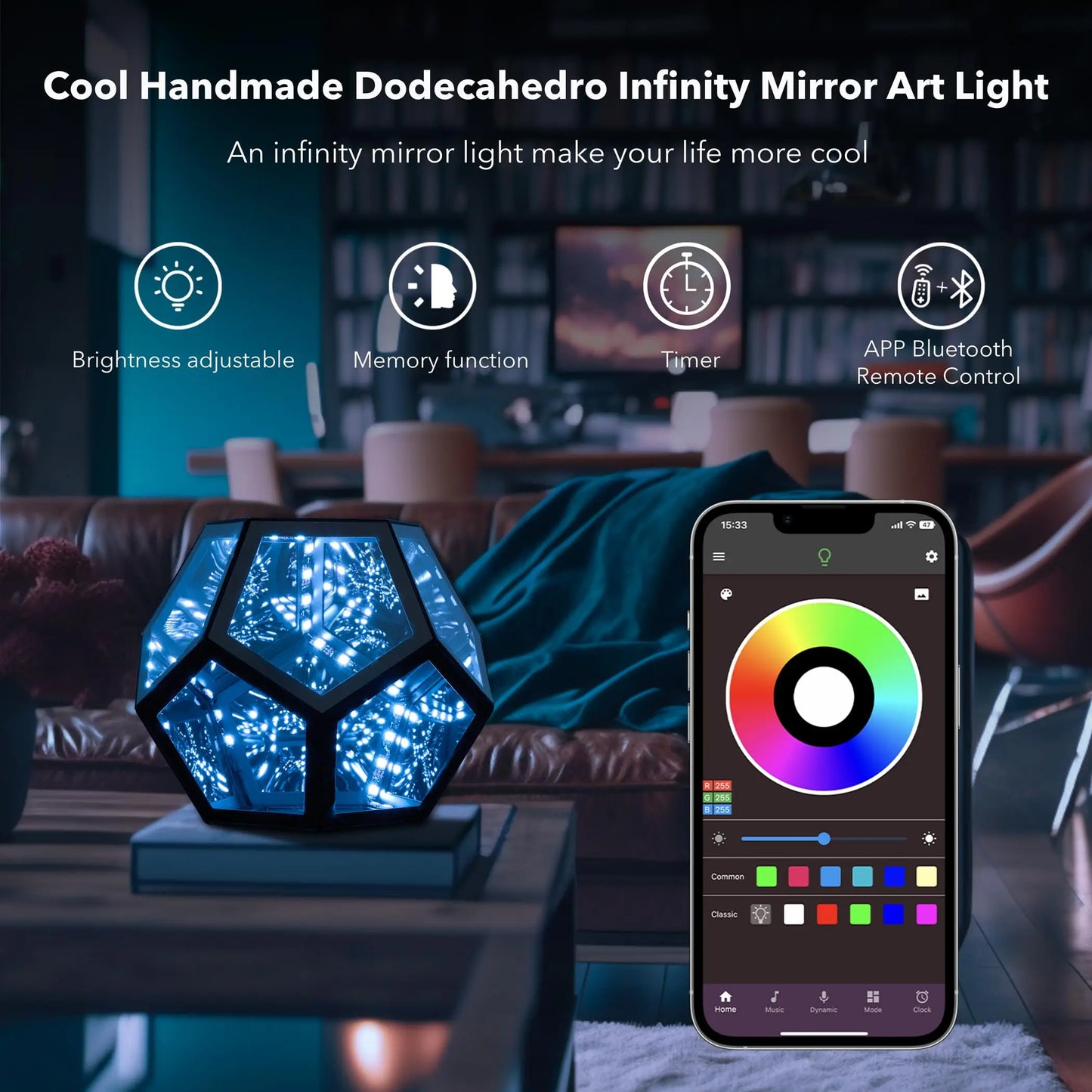 Dreamy Geometric Space LED Night Light Infinity Dodecahedron Mirror Art Lamp with Stand – Creative Color Changing Decor Gift for Christmas & Birthday