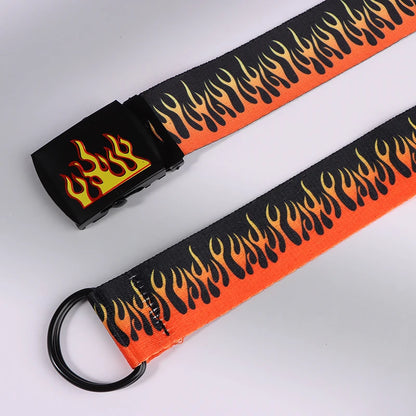 Hip Hop Fashion Canvas Belt – Personalized Flame Design, Casual & Punk Cowboy Belt for Men & Women
