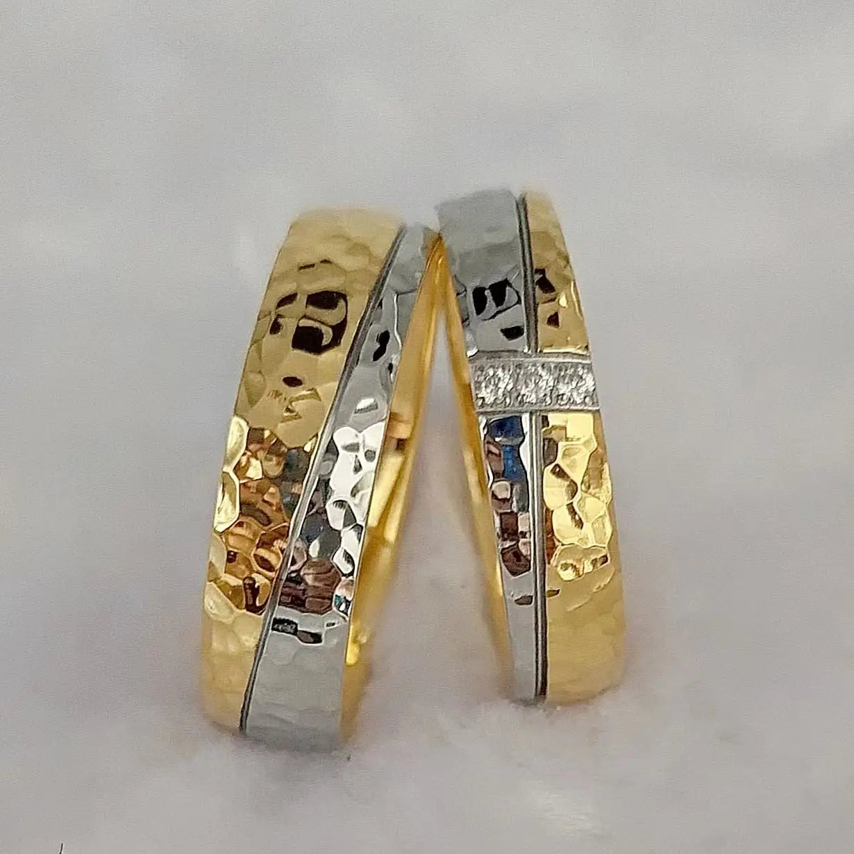 Hammered Couple Wedding Rings - 14K Gold-Plated Titanium Rings for Men & Women