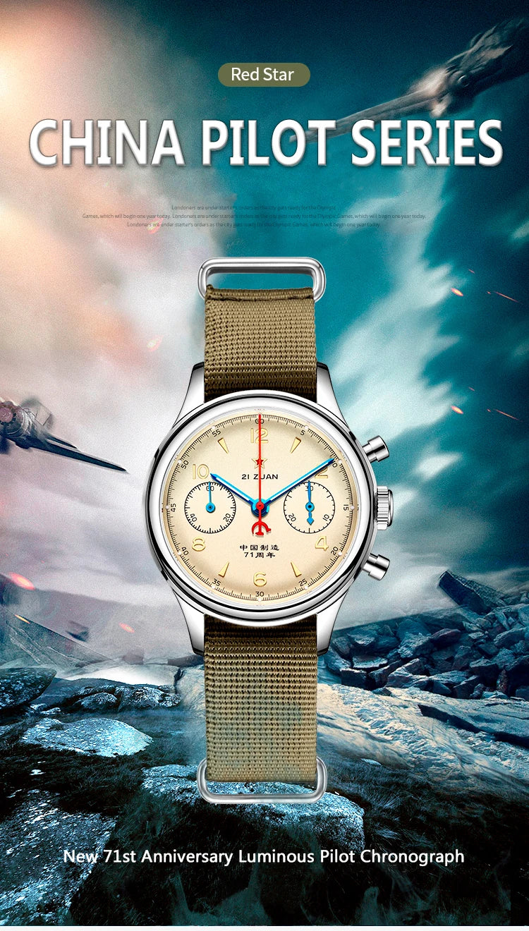 RED STAR 1963 Men's Chronograph Watch - 38mm Pilot Design with Seagull ST1901 Movement & Sapphire Glass