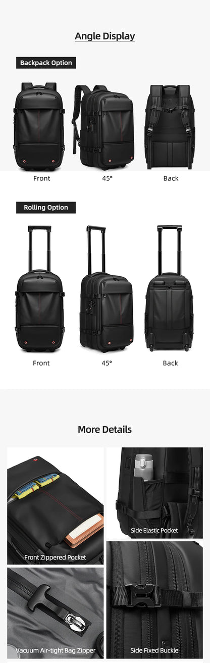 Travel Trolley Vacuum Compression Backpack — Wheeled Rolling Luggage Bag for Men, Boardable Business Travel