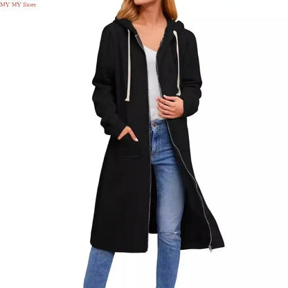 Women's Loose Fit Hooded Coat - Full Zip Long Sleeve Cotton Jacket with Pockets