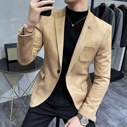 Men's Deerskin Fleece Blazer – Slim Fit Single Button Suit Jacket for Business & Casual Wear