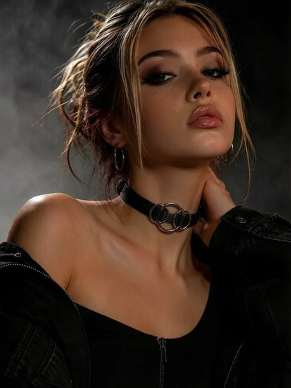 Gothic Punk Leather Choker Necklace – Adjustable O-Ring Collar for Halloween, Cosplay & Alternative Fashion