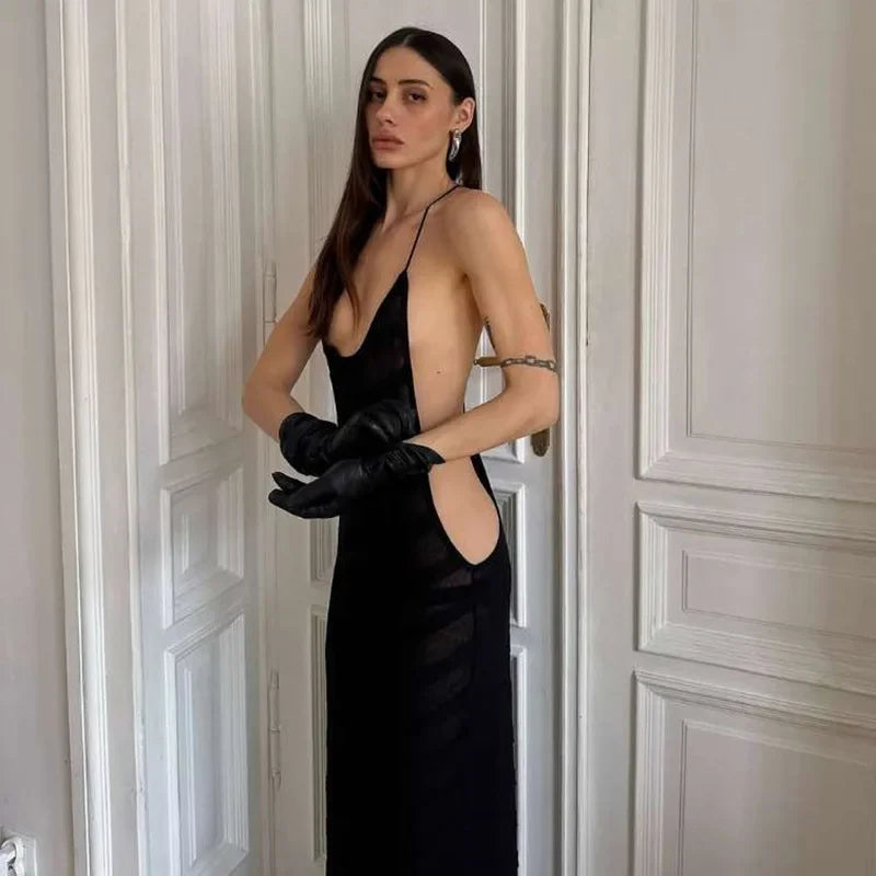 Mesh See-Through Halter Maxi Dress - Sleeveless Backless Bodycon Party Club Dress with High Split for Women