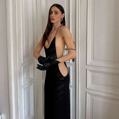 Mesh See-Through Halter Maxi Dress - Sleeveless Backless Bodycon Party Club Dress with High Split for Women