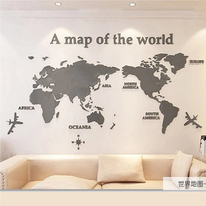 3D Acrylic World Map Wall Stickers – Three-Dimensional Mirror Decals for Bedroom & Office Decoration